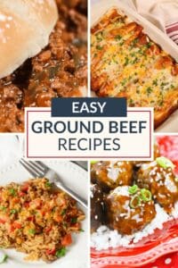 A collage of four ground beef recipes: a sloppy joe sandwich, cheesy baked casserole, rice with ground beef and peppers, and glazed meatballs over rice, with the text "Easy Ground Beef Recipes.