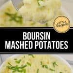 A bowl of creamy Boursin Mashed Potatoes garnished with chopped chives, with a spoonful held above. Text overlay reads "Boursin Mashed Potatoes.