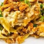 A serving of baked casserole with noodles, chicken, crispy crumbs, and green onions evokes classic grandma recipes, with the text "15 Vintage Casserole Recipes" at the bottom.