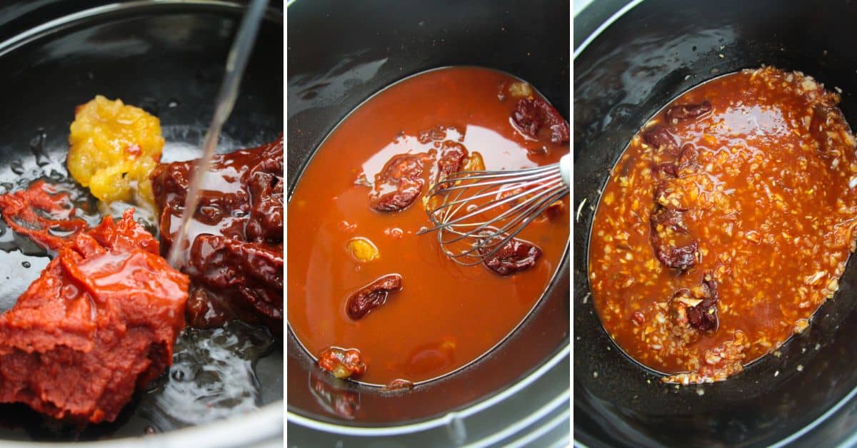 Three side-by-side images show the process of making sauce for Chipotle Slow Cooker Chicken: adding ingredients, whisking them together, and the partially blended sauce.