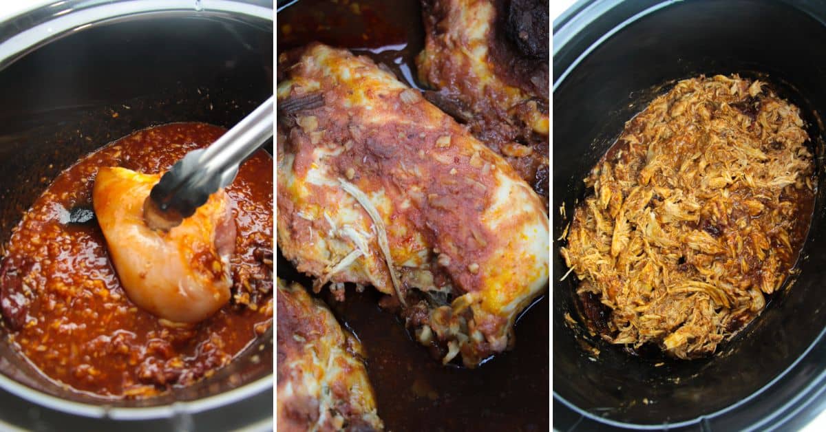 Three side-by-side images show Chipotle Slow Cooker Chicken in a slow cooker: raw chicken in chipotle sauce, cooked chicken, and shredded chicken mixed with sauce.