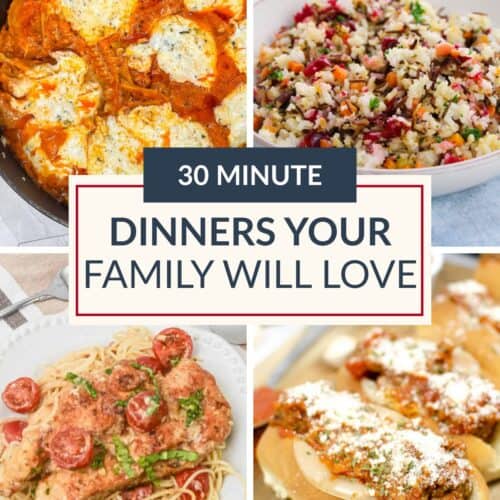 A collage of four different dinner dishes, including a skillet meal, a rice salad, spaghetti with chicken, and sub sandwiches, with a label stating “30 Minute Dinners Your Family Will Love.” Discover Easy Dinners perfect for Family Meals that make weeknights simple and delicious.