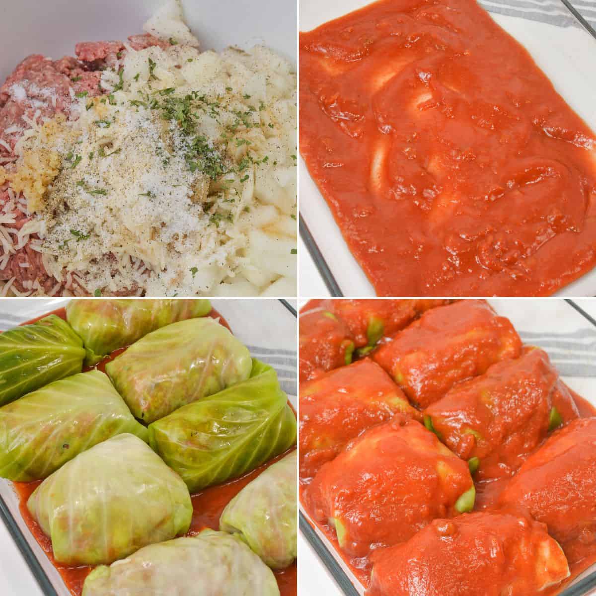 Four-panel image showing the steps of making Easy Stuffed Cabbage Rolls: mixing filling, layering sauce, arranging rolls in a dish, and topping with more sauce before baking.
