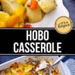 A casserole dish filled with baked potatoes, ground beef, mixed vegetables, and melted cheese, with a fork lifting a portion onto a plate. The text reads "Hobo Casserole"—a comforting, hearty meal made easy.