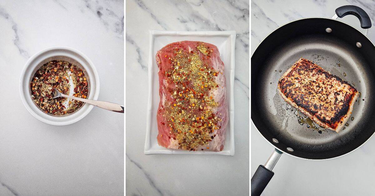 Three images: a bowl of spice mix with a spoon, a piece of raw seasoned fish on a tray, and a cooked fish fillet in a black frying pan on a marble surface—perfect inspiration for your next Crock Pot Pork Roast seasoning.