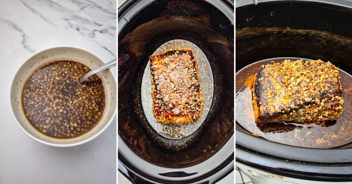 Three images show: a bowl of mixed marinade with a spoon, a raw Crock Pot Pork Roast coated in marinade in a slow cooker, and the same pork roast beautifully cooked.