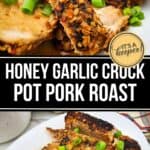 Sliced Crock Pot Pork Roast topped with chopped green onions on a white plate, garnished with a crunchy garlic and herb coating for extra flavor.