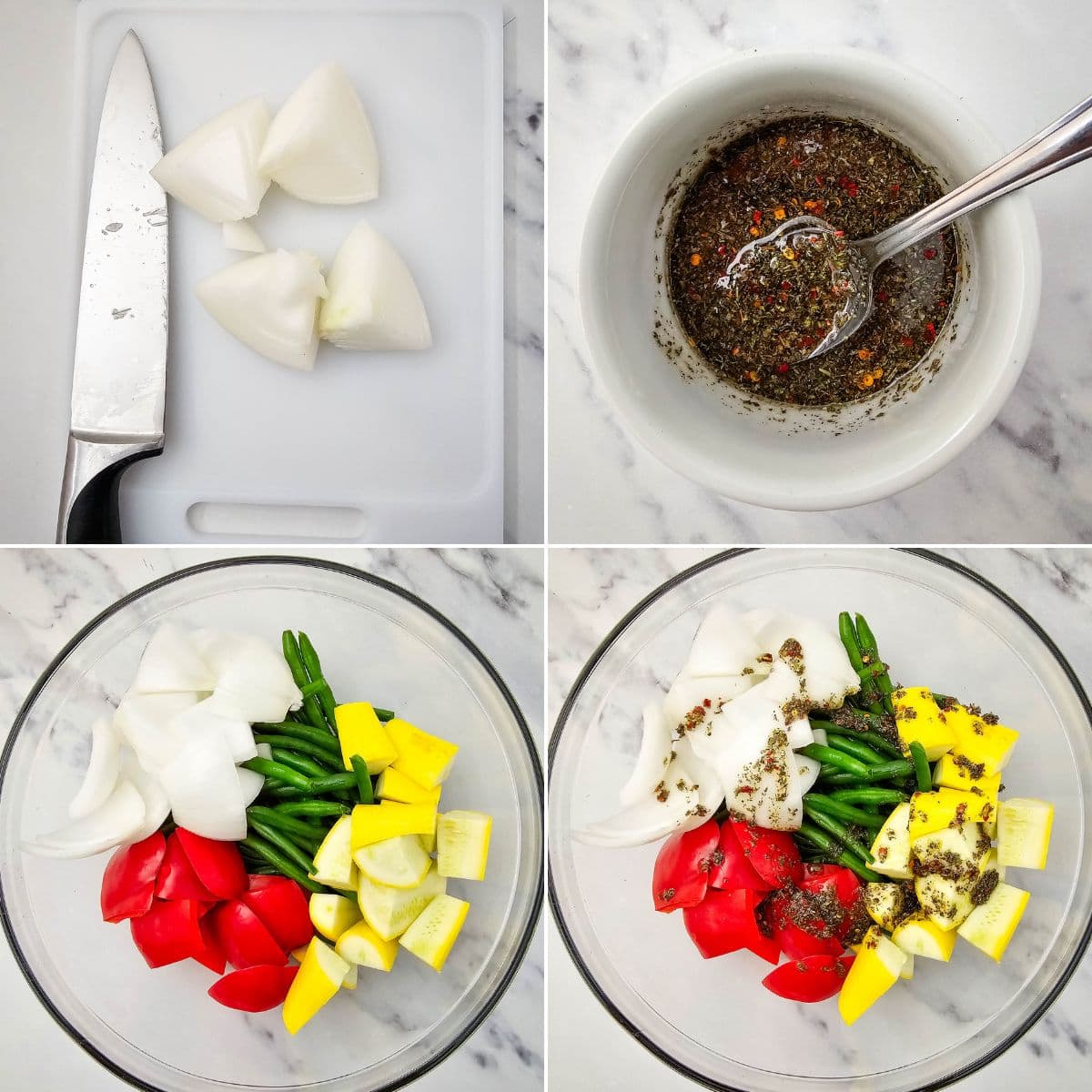 Four images showing: chopped onion on a cutting board with a knife, a bowl of mixed seasoning, and two bowls of raw vegetables with seasoning—perfect prep steps for delicious Sheet Pan Pork Chops.