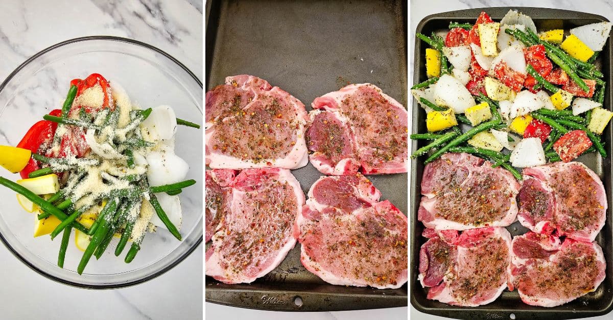 Three images show: 1) Sliced vegetables in a bowl with seasoning, 2) Raw Sheet Pan Pork Chops on a baking sheet, 3) Pork chops and seasoned vegetables arranged together, ready to bake.