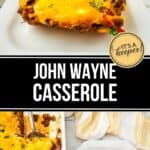 A serving of cheesy John Wayne Casserole sits on a white plate, next to a baking dish and a yellow-striped towel.