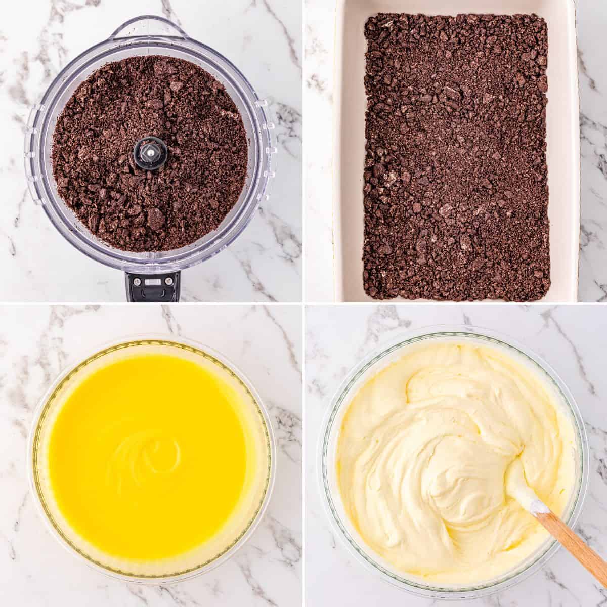 Four images show steps crushed chocolate cookies in a food processor, cookie crumbs pressed in a baking dish, yellow liquid in a bowl, and a creamy yellow mixture being stirred in a bowl.
