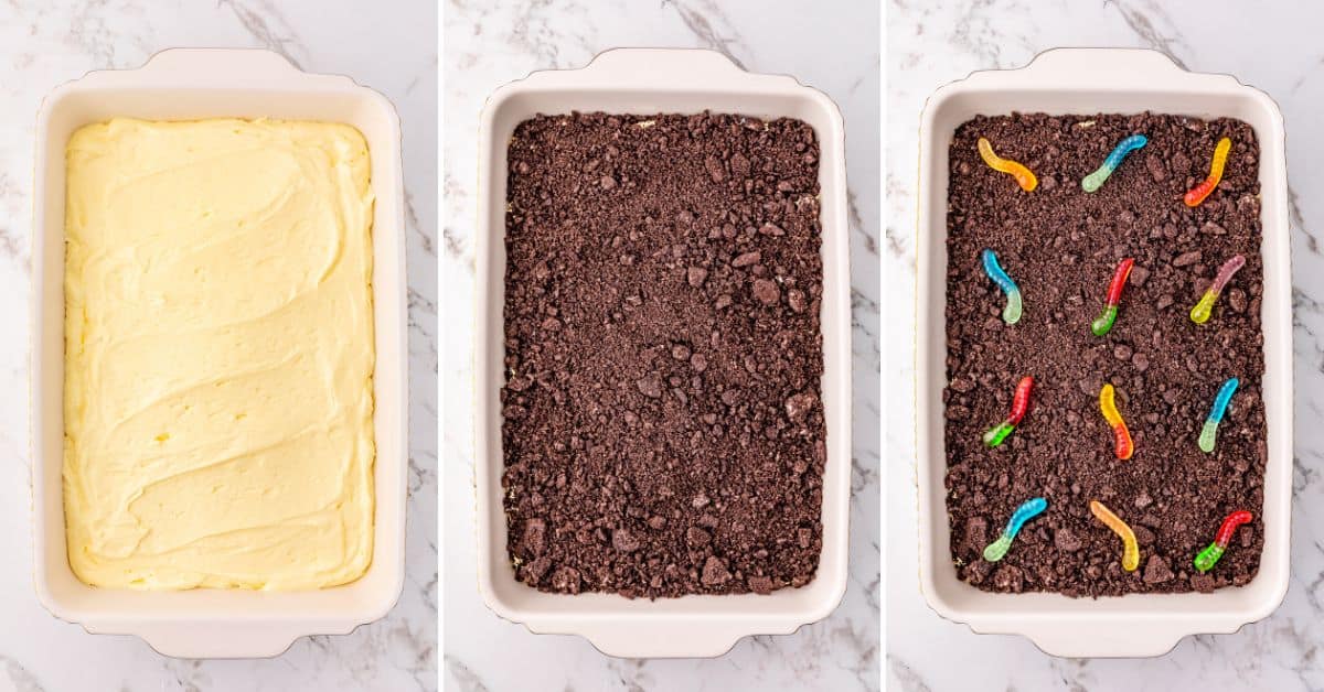 Follow this three-step Oreo Dirt Cake recipe: layer a pan with yellow cream, top with crushed cookies, and finish with gummy worms for a fun, delicious treat.
