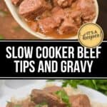 A spoonful of Slow Cooker Beef Tips and Gravy held over a slow cooker, with a plated serving of beef tips over rice garnished with parsley below.