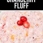 A bowl of Cranberry Fluff salad topped with three whole cranberries, featuring a creamy pink mixture with visible fruit pieces—perfect as a festive holiday dessert.