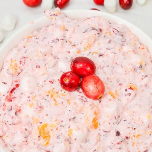 A bowl of creamy pink Cranberry Fluff with visible marshmallows, orange segments, and cranberries, garnished with three whole cranberries on top—perfect as a festive cranberry salad or holiday dessert.