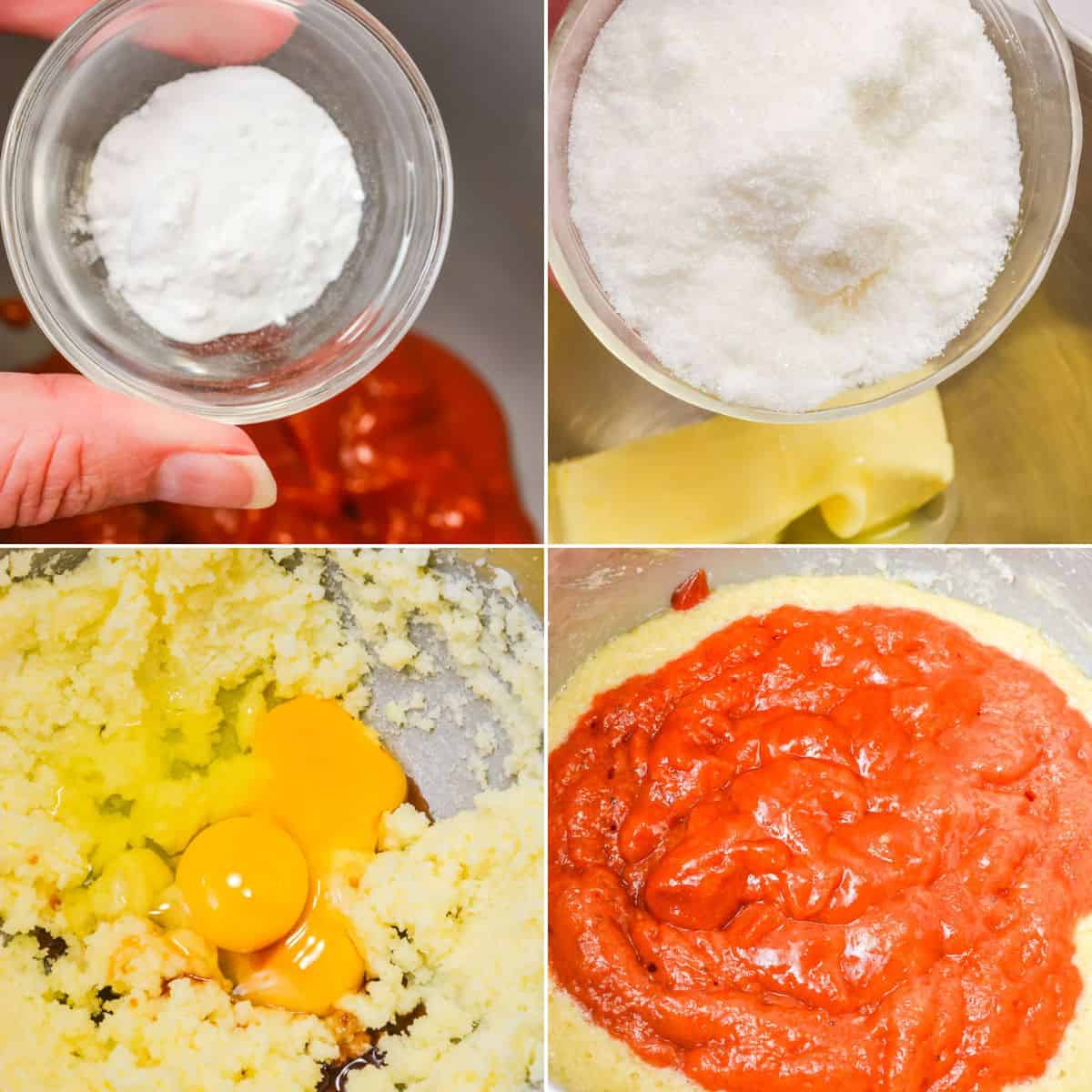 Four images show Vintage Tomato Soup Cake baking steps: adding baking powder to a bowl, a close-up of sugar and butter, eggs added to the creamed mixture, and tomato puree blended into the batter.