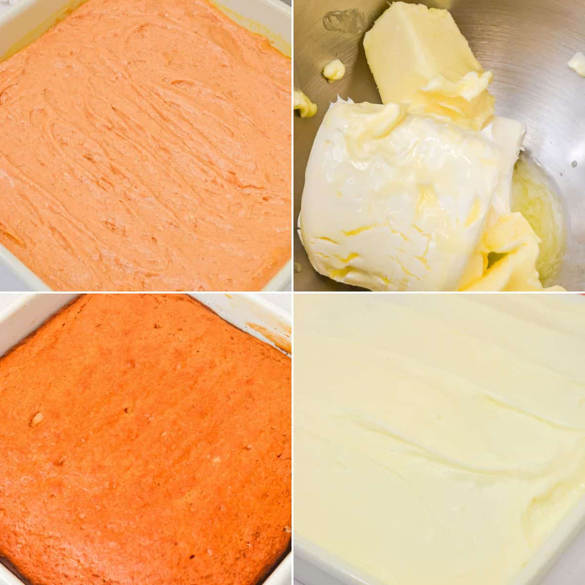 A four-panel image showing Vintage Tomato Soup Cake batter in a pan, butter and cream cheese in a bowl, the baked cake, and the cake covered with white frosting.