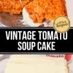 A slice of Vintage Tomato Soup Cake with cream cheese frosting sits on a spatula; another piece of this retro dessert is shown up close on a plate.