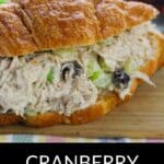 A croissant sandwich filled with Cranberry Chicken Salad, shown on a wooden surface with a bowl of cranberries in the background.