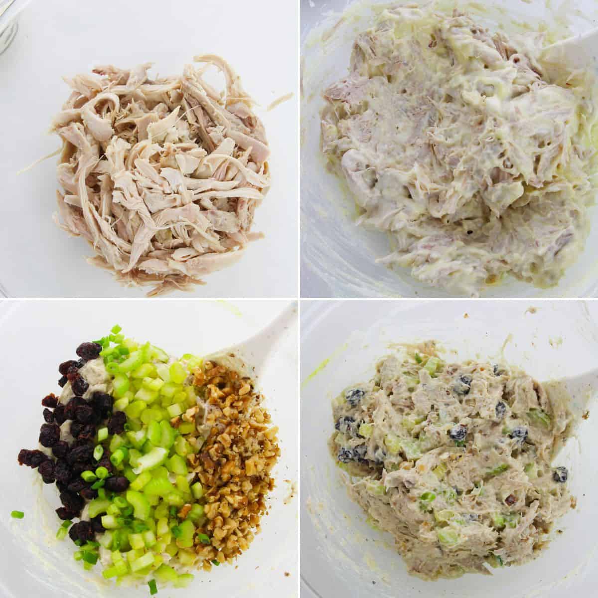 Four-step process of making Cranberry Chicken Salad: shredded chicken, mixed with dressing, addition of celery, walnuts, cranberries, and raisins, then everything combined together in the final mix.