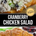 A croissant sandwich filled with Cranberry Chicken Salad, featuring chunks of chicken, celery, and cranberries, rests on a wooden surface with a cloth napkin nearby.