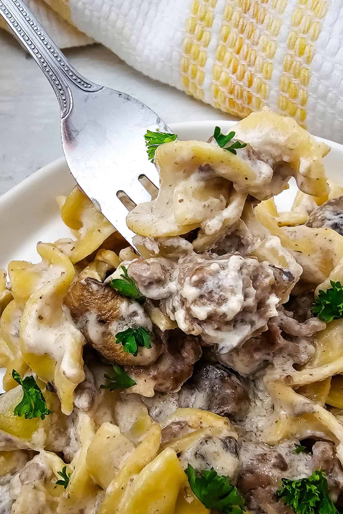 Close-up of a fork lifting creamy Egg noodles, mushrooms, and parsley garnish from a white bowl.