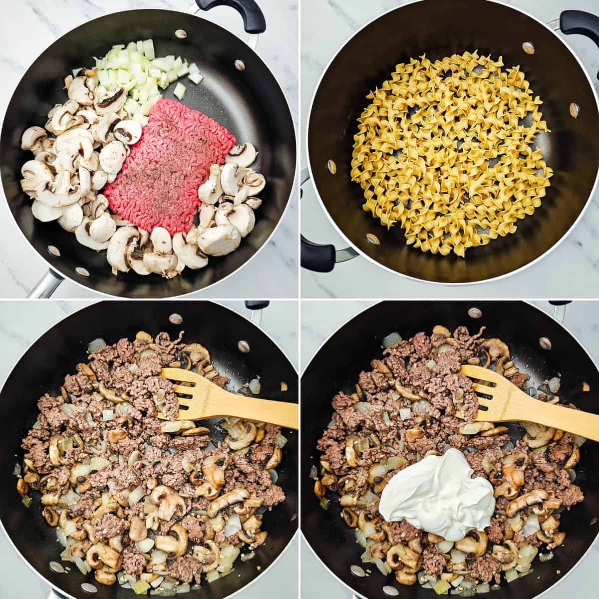 Four photos show steps for making Easy Ground Beef Stroganoff: raw beef, onions, and mushrooms in a pan; dry noodles boiling; browned meat with mushrooms; then the mixture finished with sour cream.
