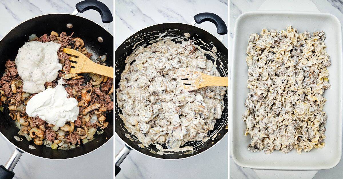 Three images show the steps of preparing the dish cooking  sauce, mixing with noodles, and spreading the mixture in a baking dish.