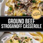 A serving of Easy Ground Beef Stroganoff casserole with egg noodles, mushrooms, and creamy sauce, garnished with parsley, on a white plate.