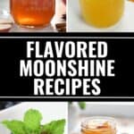 Four mason jars with different colored beverages, each garnished with fruit or mint, surround a central text that reads "Flavored Moonshine Recipes," highlighting creative and delicious flavored moonshine options. The website itisakeeper.com is featured at the bottom.