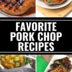 Four different cooked pork chop dishes are shown, each plated with various garnishes; text in the center reads, "Favorite Pork Chop Recipes," highlighting a delicious variety of dinner recipes, and the website "itisakeeper.com" is displayed.