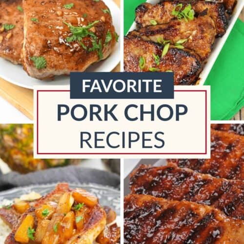 Four different cooked pork chop dishes are shown, each garnished or plated differently, surrounding a central text box that reads "Favorite Pork Chop Recipes." These easy pork chop recipes highlight a variety of flavors and presentation ideas perfect for any mealtime.