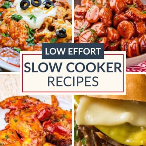 Four easy slow cooker meals: a chili with sour cream and olives, sausage in sauce, glazed chicken, and a beef sandwich with cheese and pickles. Text overlay reads "Low Effort Slow Cooker Recipes." Perfect for anyone looking for simple self-cooking recipes that save time without sacrificing flavor.