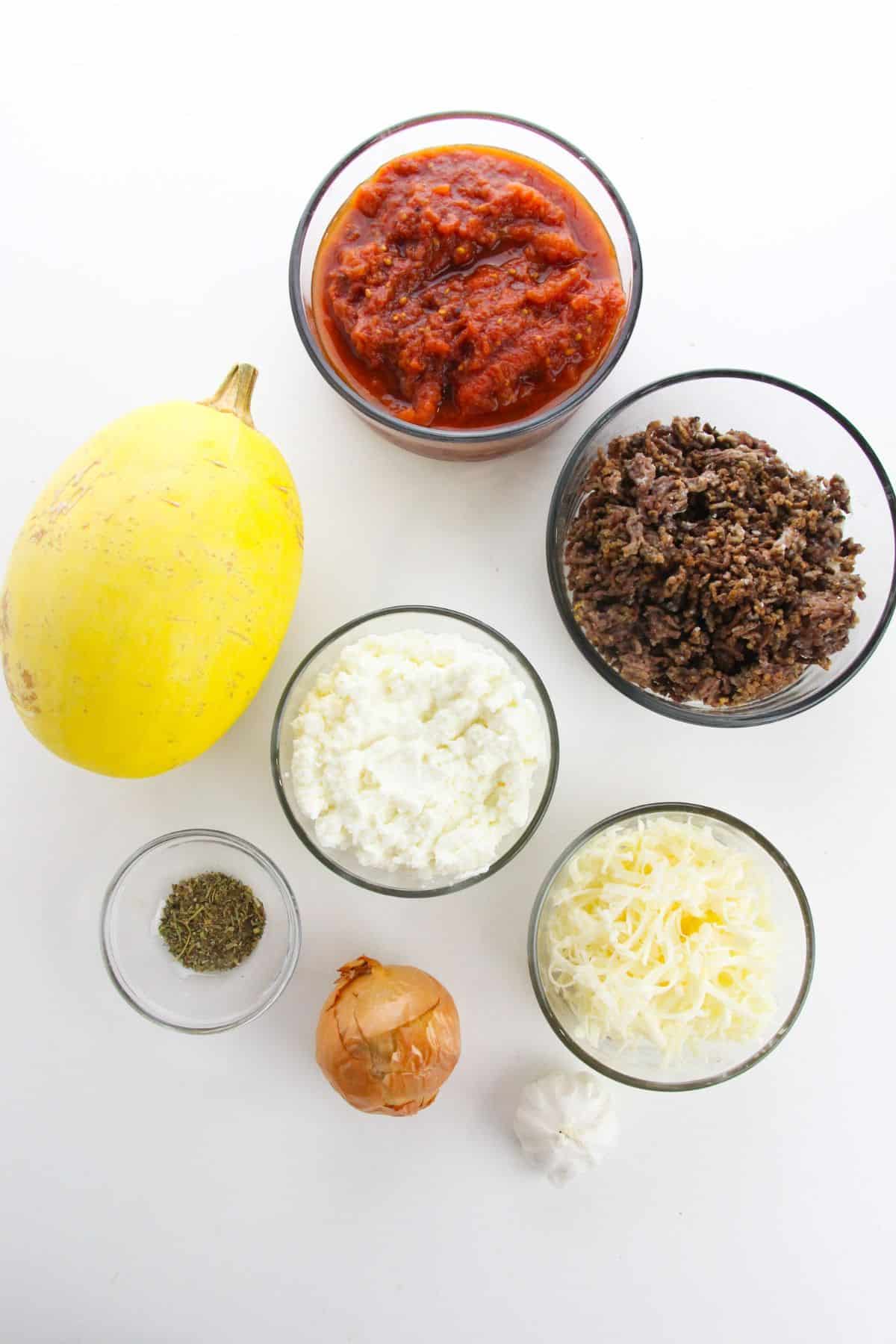 Ingredients marinara sauce, ground beef, cottage cheese, shredded cheese, dried herbs, an onion, and a garlic bulb—are beautifully arranged on a white surface.