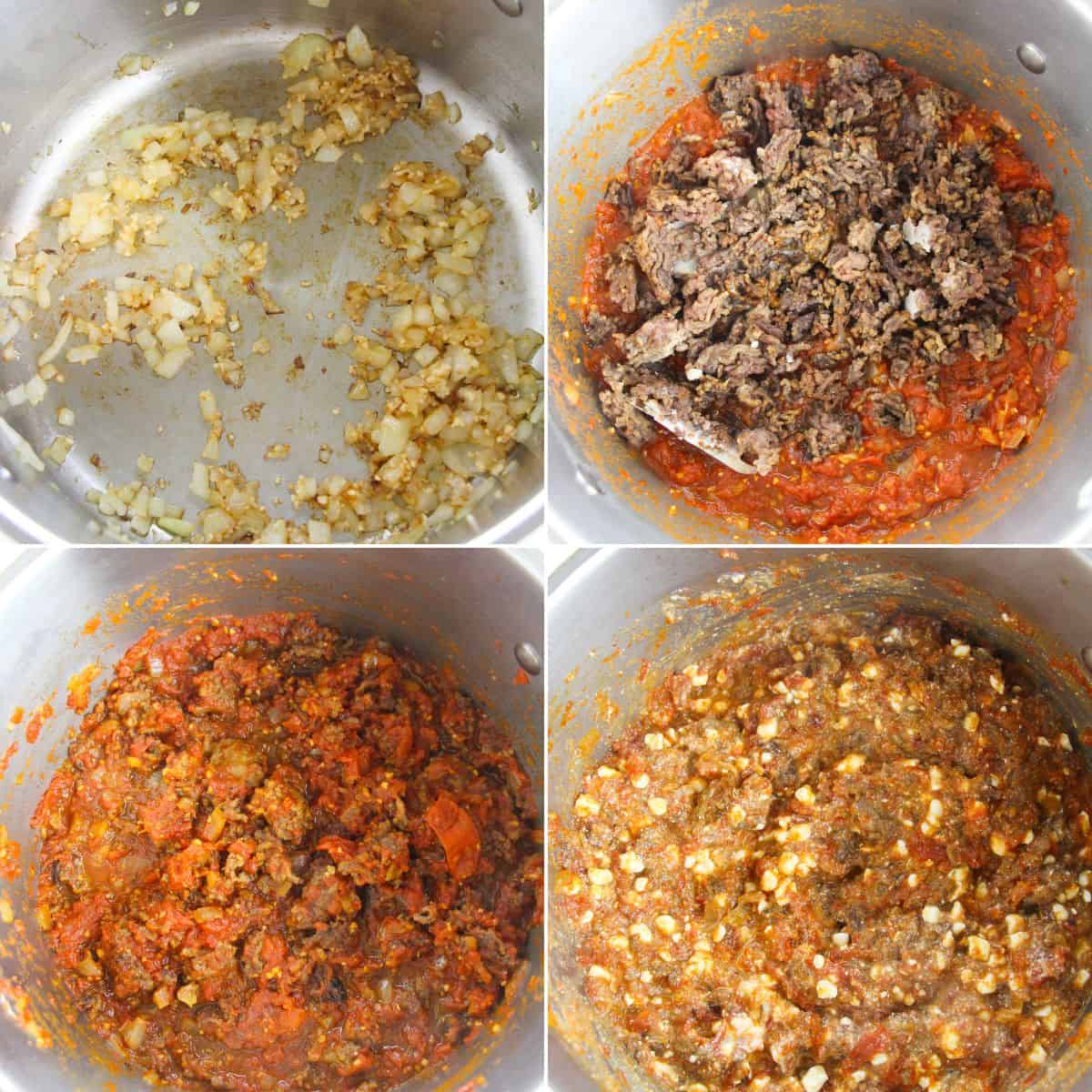 Four photos show the stages of cooking a meat sauce for Spaghetti Squash Lasagna: sautéing onions and garlic, adding meat and tomato sauce, simmering, and the finished thick meat sauce.