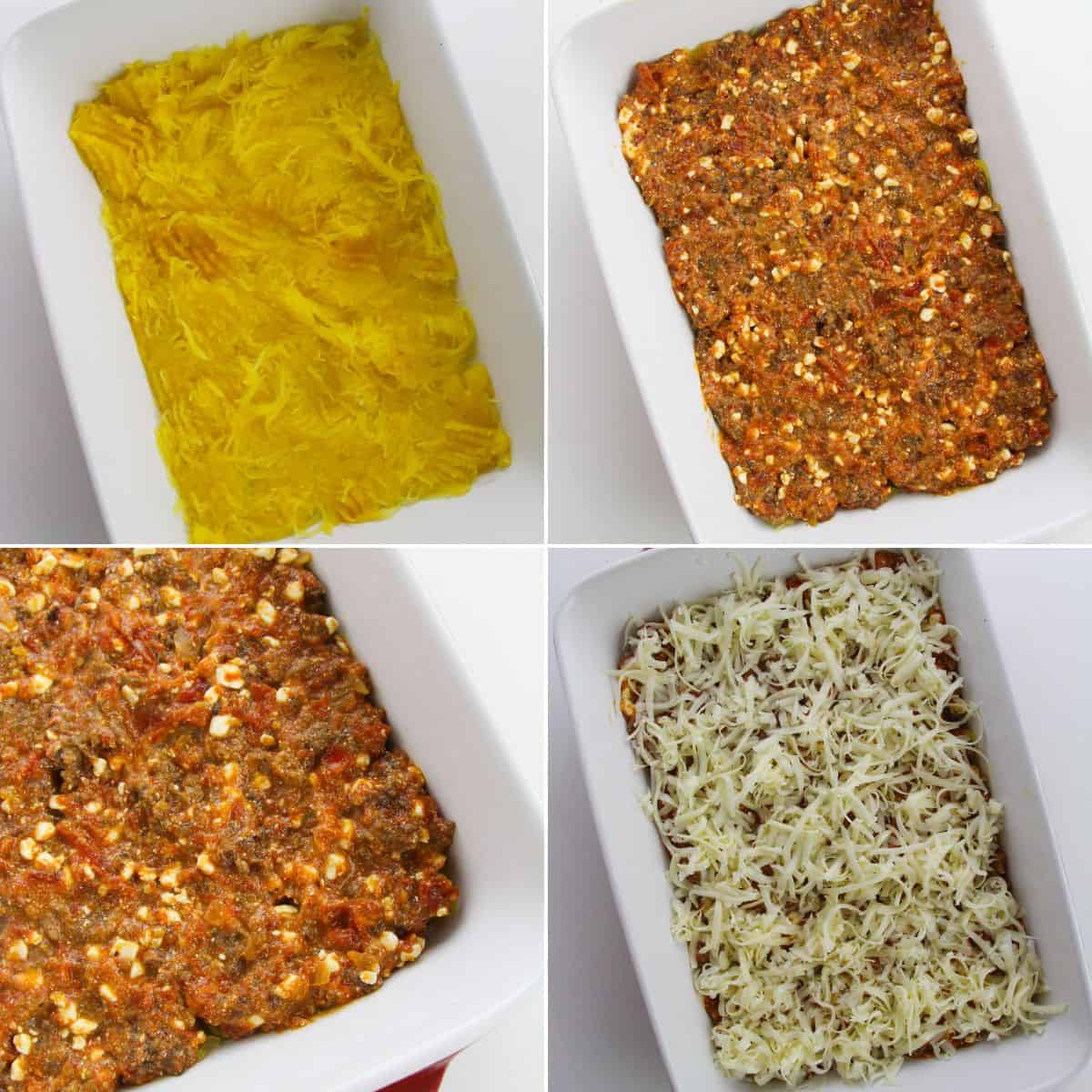 Four-step collage showing the process of assembling a Spaghetti Squash Lasagna: spaghetti squash layer, meat mixture layer, repeated meat mixture layer, and a final layer topped with shredded cheese.