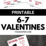A printable LEGO Valentines card reading "Giving you 6.7 Valentine vibes" with hand-drawn hearts, shown in multiple copies and held in a person's hand.