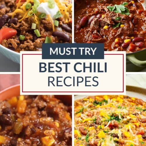 Four different bowls of chili, each showcasing unique toppings, are arranged around a central text box that reads "Must Try Best Chili Recipes." These delicious chili recipes highlight the bold flavors and creativity that go into making the best chili dishes.