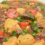 A bowl of Dutch Oven Beef Stew with chunks of beef, potatoes, carrots, peas, and herbs simmered in a rich brown broth.