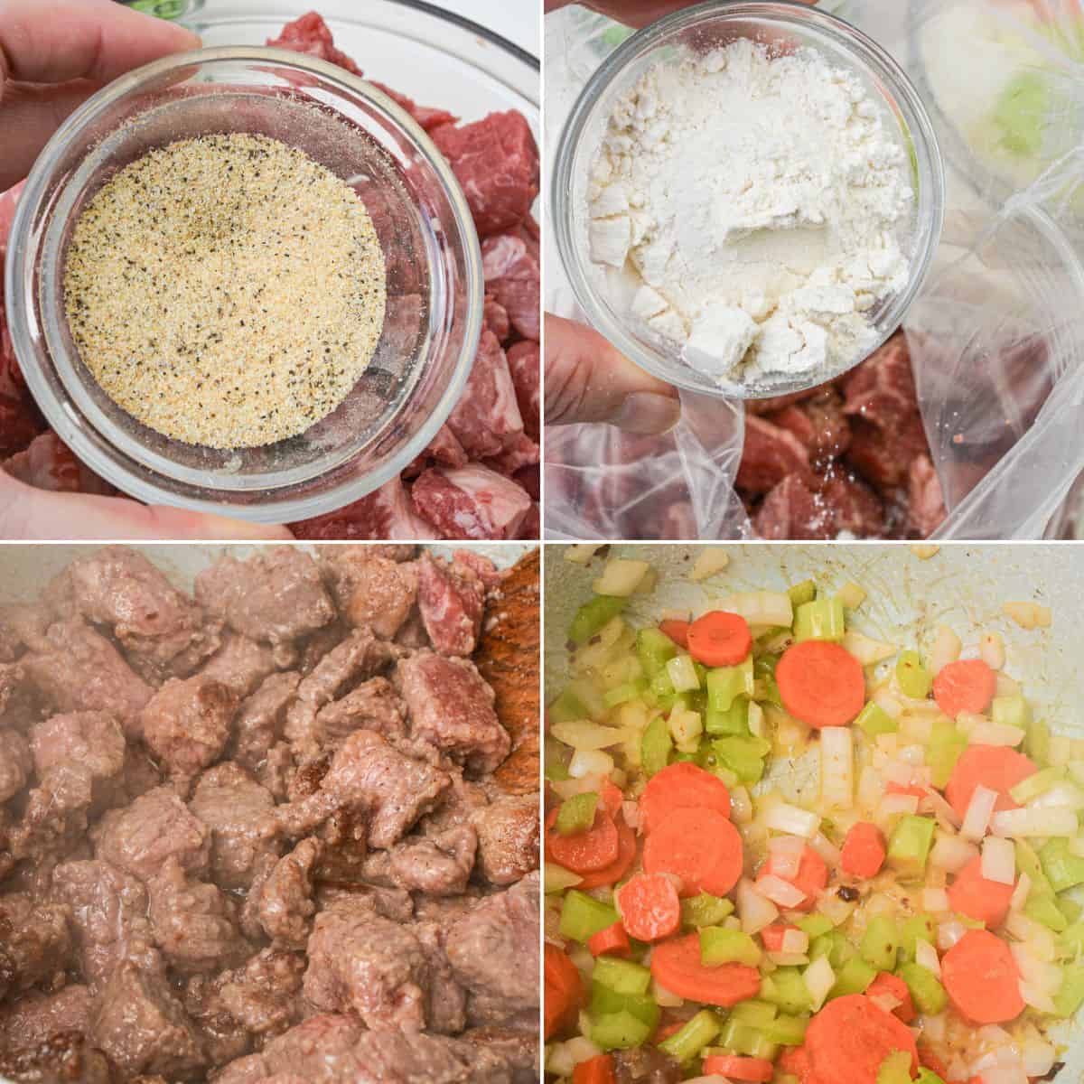Four-panel collage: seasoned beef cubes, flour being added to beef, beef browning in a pan, and chopped carrots, celery, and onions cooking in a pot—steps for a hearty Dutch Oven Beef Stew.
