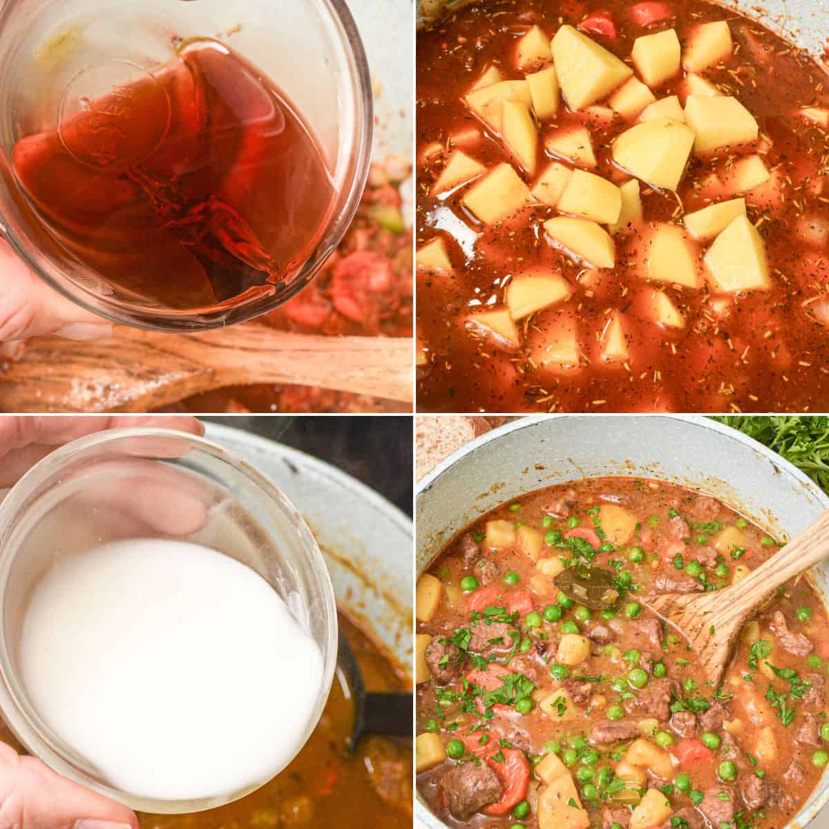 Four-step cooking process for Dutch Oven Beef Stew: adding red wine, potatoes, a white liquid (possibly cream or slurry), and finishing the stew by stirring in peas.