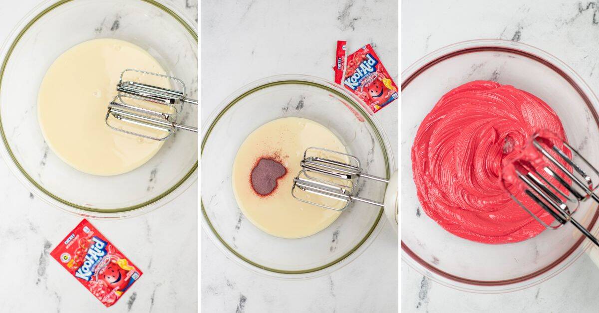 Three-step process  a bowl of condensed milk, then Kool-Aid powder added and mixed, resulting in a smooth red mixture. Electric hand mixer and drink packets are visible.
