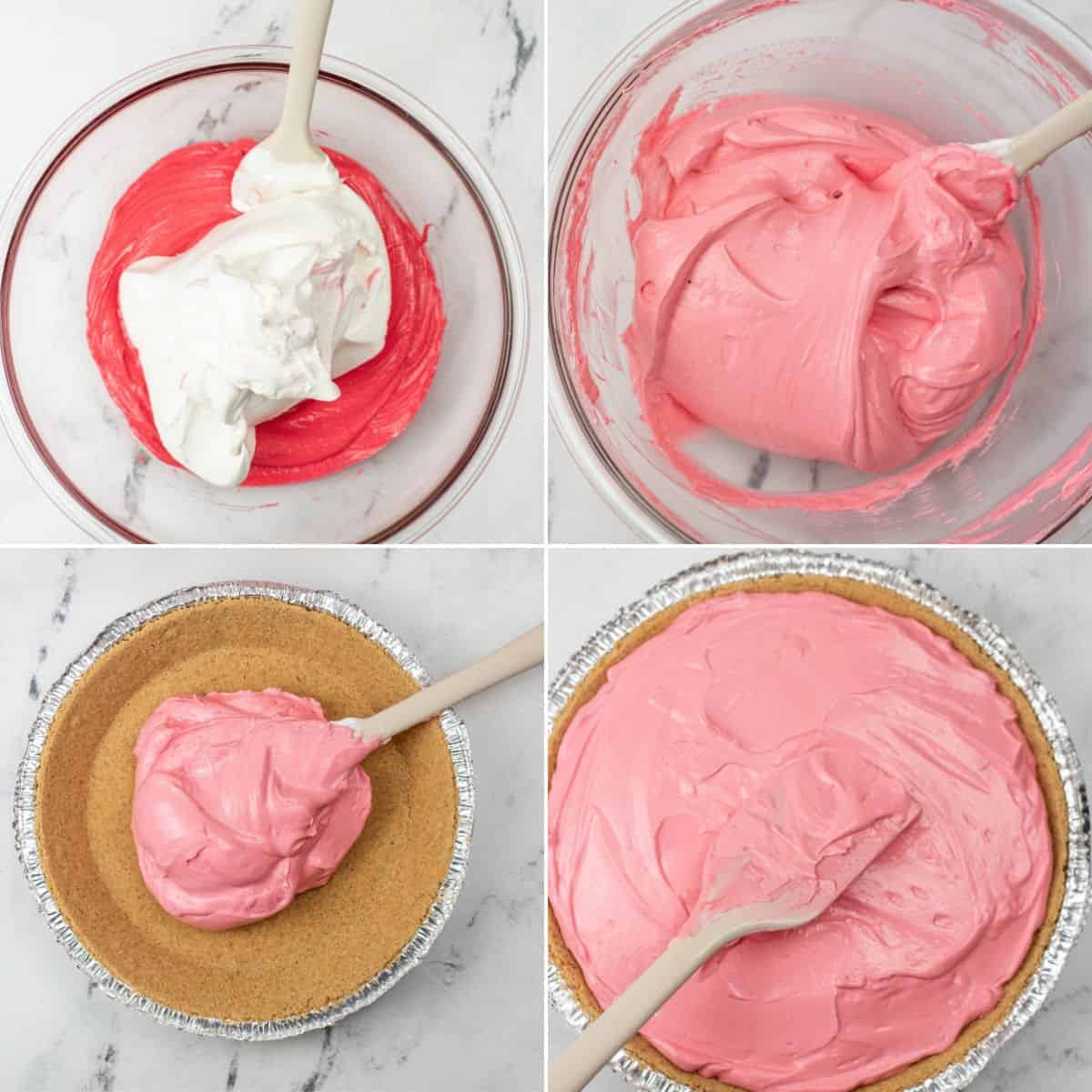 Four-step process showing Kool Aid Pie being made: whipped topping is mixed with a red mixture, turns pink, then is spread into a graham cracker pie crust in a foil pan.