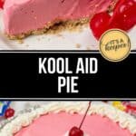 A slice and a whole Kool Aid Pie with pink filling, whipped cream topping, and cherries sit on a graham cracker crust.