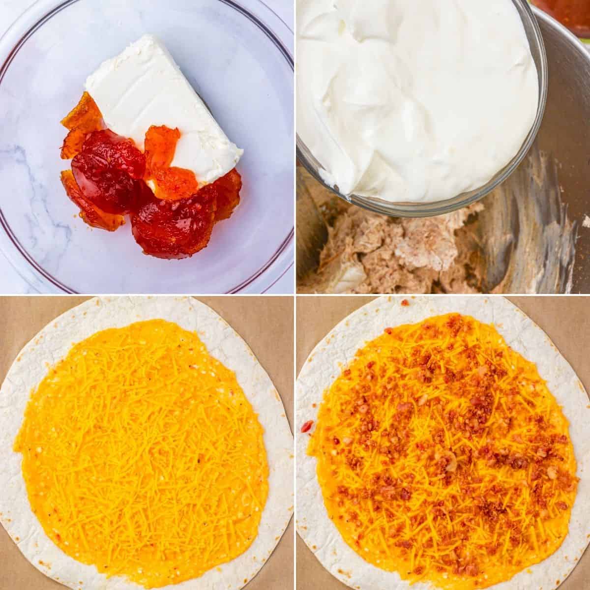 Four-step process for Pepper Jelly Pinwheels: mix cream cheese and salsa, blend the mixture, spread cheese on a tortilla, then layer the cream cheese and salsa mixture over the cheese.