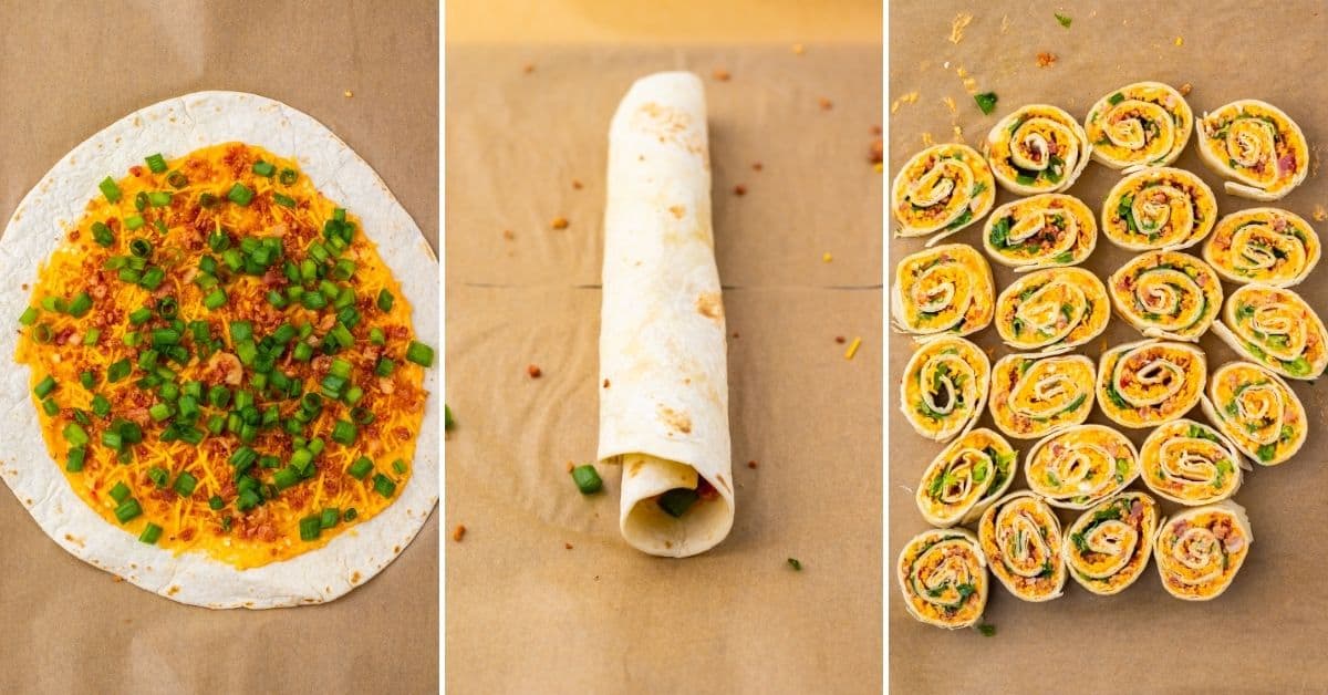 Three-step process: a tortilla with cheese, green onions, bacon bits, and pepper jelly; the tortilla rolled up; then sliced into Pepper Jelly Pinwheels arranged neatly in rows.