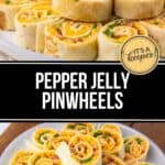 Pepper Jelly Pinwheels—tortillas filled with cheese, greens, and sweet pepper jelly—are sliced into bite-sized rounds and arranged in tempting stacks for the perfect appetizer.