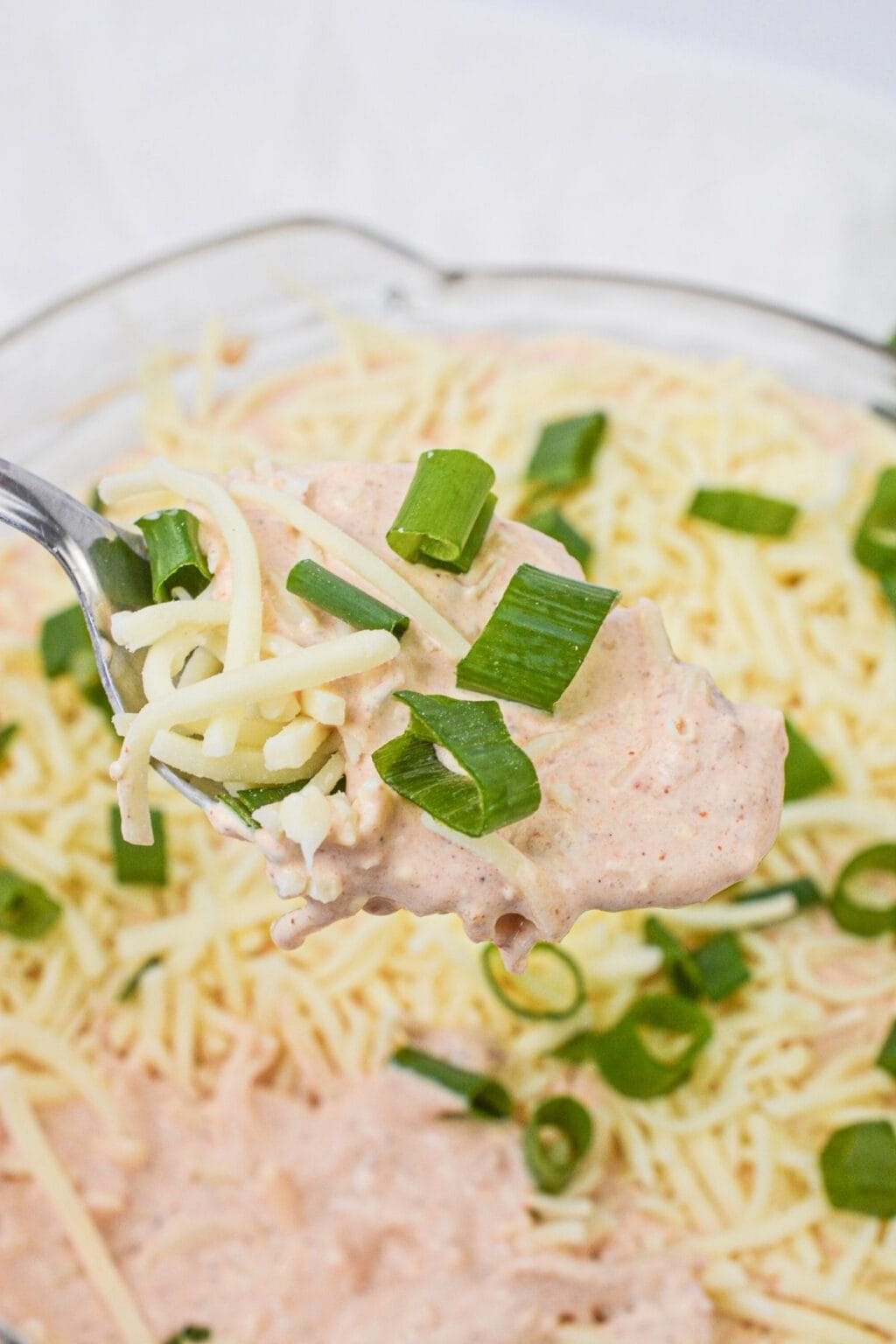 A spoonful of creamy Salsa and Cream Cheese Dip, topped with shredded cheese and chopped green onions, held above a bowl brimming with more of this delicious dip.