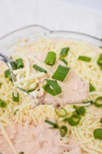 A spoonful of creamy Salsa and Cream Cheese Dip, topped with shredded cheese and chopped green onions, held above a bowl brimming with more of this delicious dip.