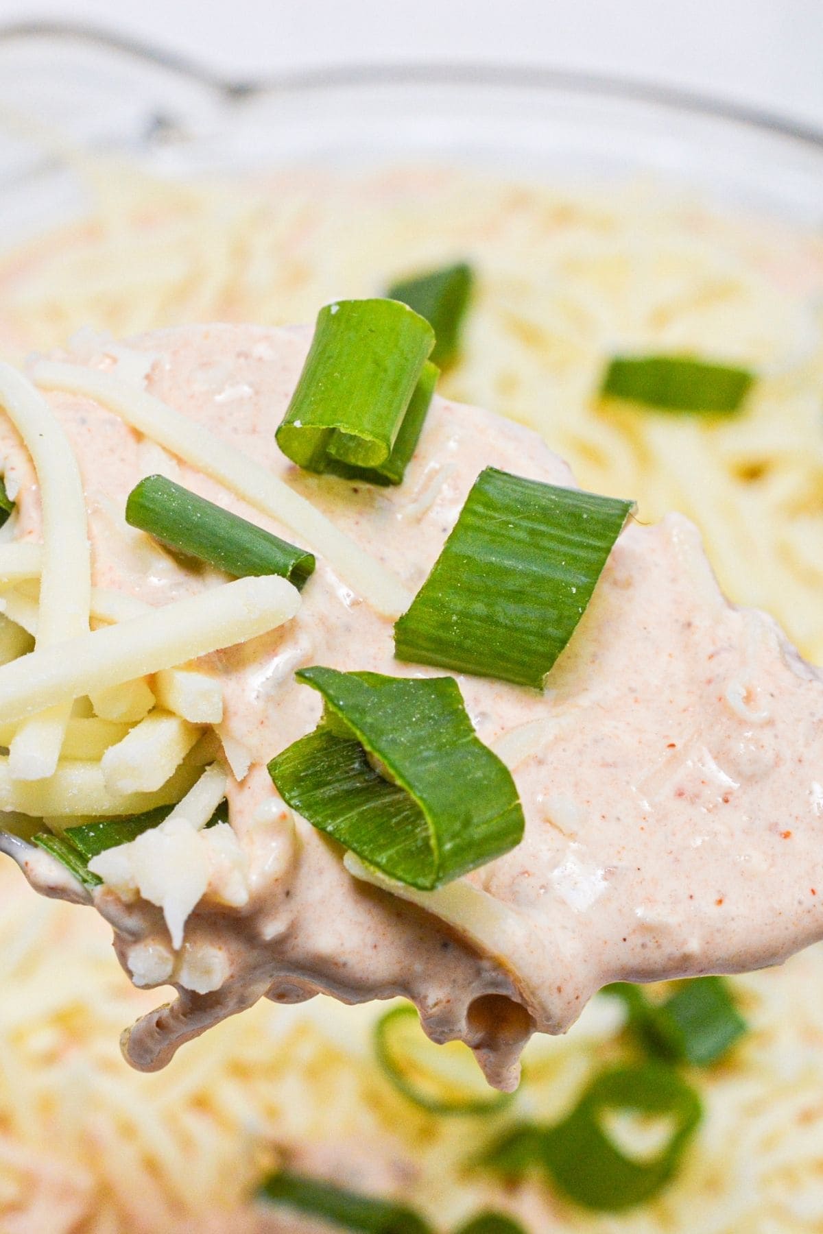 A close-up of a creamy dip topped with shredded cheese and chopped green onions, reminiscent of the rich flavors found in a classic Salsa and Cream Cheese Dip.